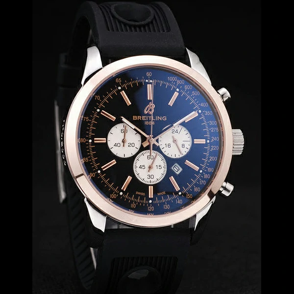 Breitling Transocean Black Dial Black Rubber Strap Rose Gold Bezel new58575