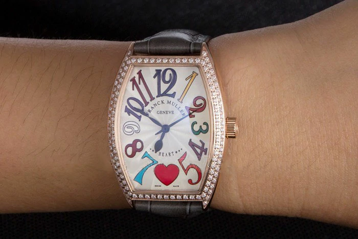 Franck Muller Heart Diamond Gold Bezel Grey Leather Band new117987