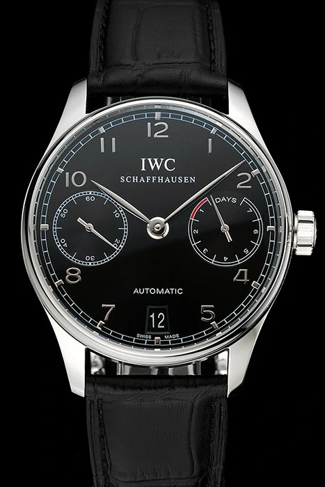 IWC Portuguese Black Dial Silver Case Black Leather Bracelet new124521