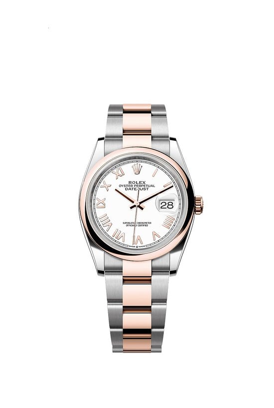 Rolex Replica Watch Datejust 36, Oystersteel and 18k Everose Gold, Intense White Roman dial, Domed Oyster, 126201-0046