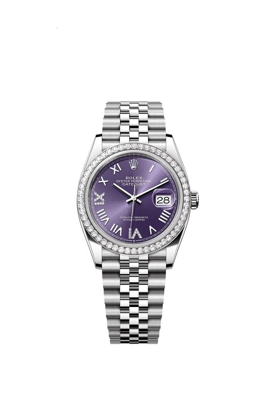 Rolex Replica Watch Datejust 36, Oystersteel and 18k White Gold, Aubergine set with diamonds dial, Diamond-set bezel Jubilee, 126284rbr-0055