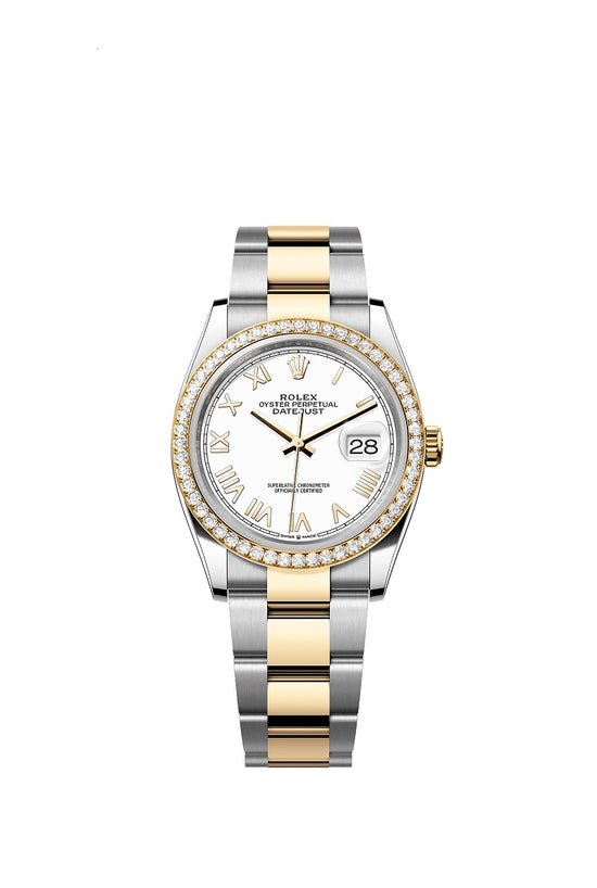 Rolex Replica Watch Datejust 36, Oystersteel and 18k Yellow Gold, Intense white Roman dial, Diamond-set bezel Oyster, 126283RBR-0034