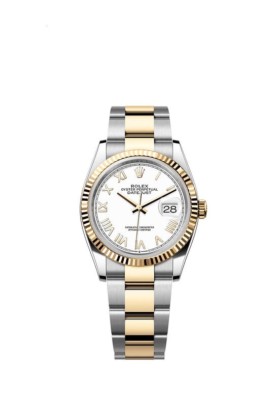 Rolex Replica Watch Datejust 36, Oystersteel and 18k Yellow Gold, Intense White Roman dial, Fluted Oyster, 126233-0048