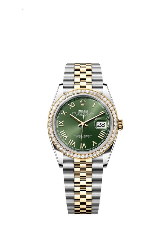Rolex Replica Watch Datejust 36, Oystersteel and 18k Yellow Gold, Olive green sunray Roman dial, Diamond-set bezel Jubilee, 126283RBR-0039