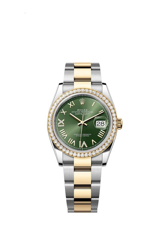 Rolex Replica Watch Datejust 36, Oystersteel and 18k Yellow Gold, Olive green sunray set with Diamonds dial, Diamond-set bezel Oyster, 126283RBR-0036