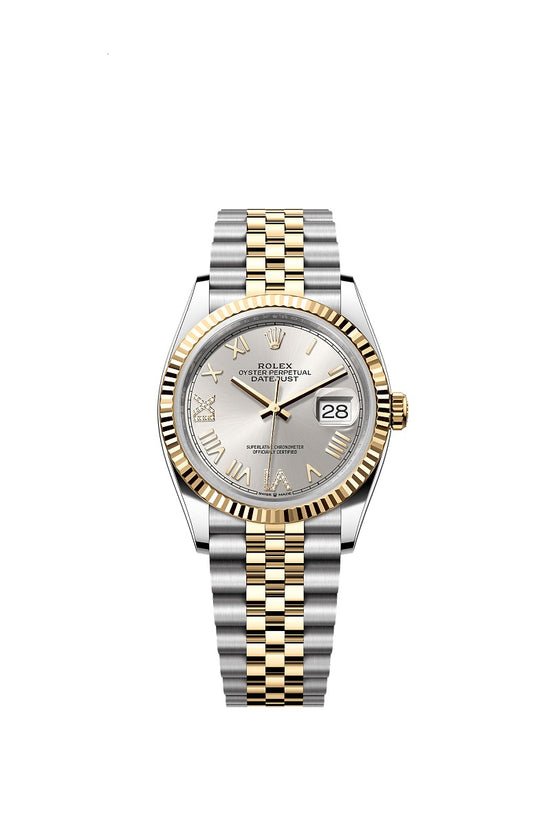 Rolex Replica Watch Datejust 36, Oystersteel and 18k Yellow Gold, Silver set with Diamonds dial, Fluted Jubilee, 126233-0051