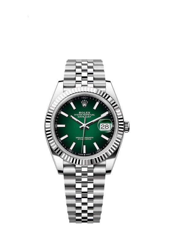 Rolex Replica Watch Datejust 41, Oystersteel and 18k White Gold, Green ombré dial, Fluted Jubilee, 126334-0034