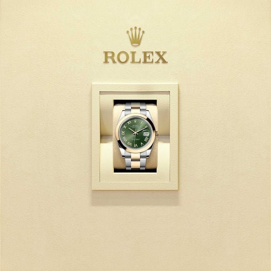 Rolex Replica Watch Datejust 41, Oystersteel and 18k Yellow Gold, Olive green sunray Roman dial, Smooth Oyster, 126303-0023