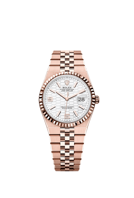 Rolex Replica Watch Land-Dweller 36, 18k Everose Gold, Intense white dial, Fluted Flat Jubilee, 127235-0001