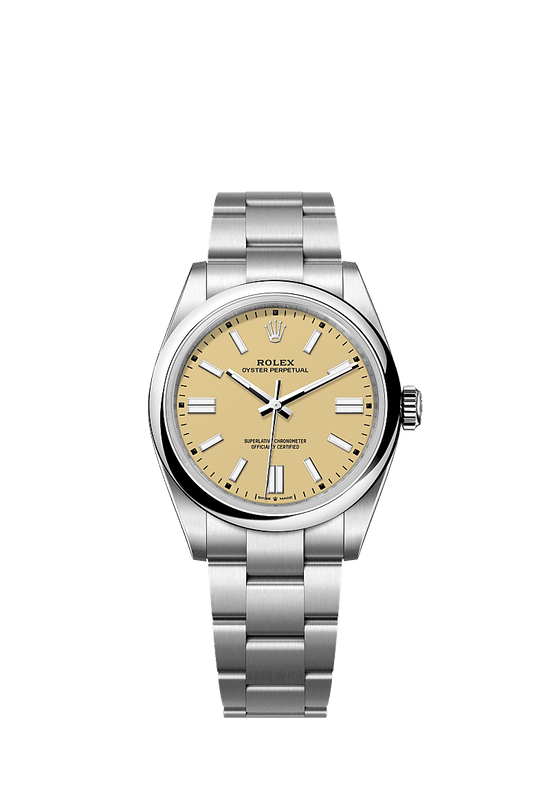 Rolex Replica Watch Oyster Perpetual, Oystersteel 41mm, Beige dial, Domed Oyster, 134300-0007